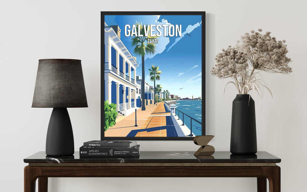 Galveston Texas City Black Framed Poster Print, Skyline Cityscape Wall Illustration Posters, Landscape Travel Map