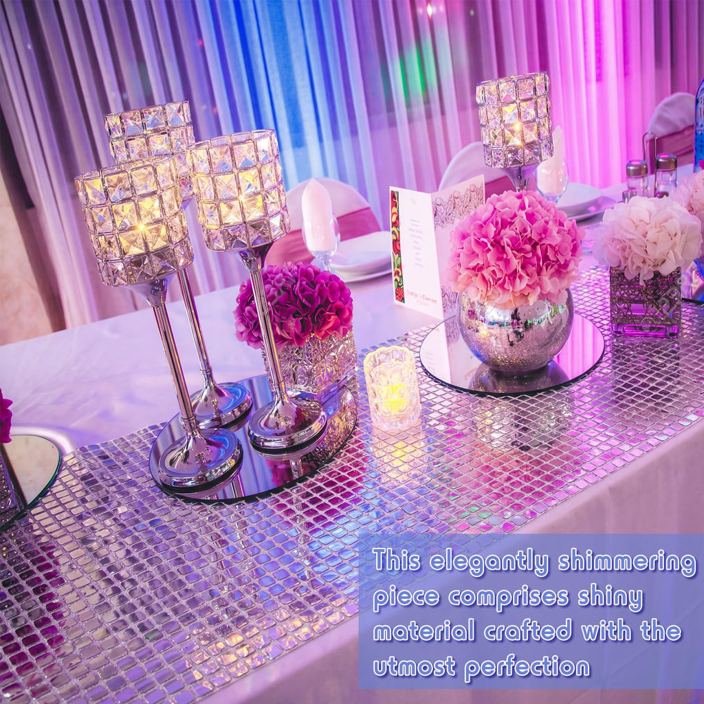 Disco Ball Fabric 35 x 71 Inch Silver Sequin Table Runner, Wide Sparkle Decorative Fabric for Disco Party