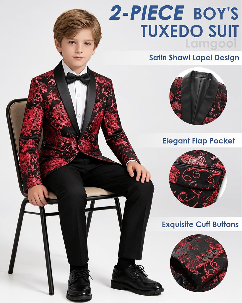 Boys Tuxedo Suit 2 Piece Slim Fit Kids Prom Paisley Jacket Pant Set