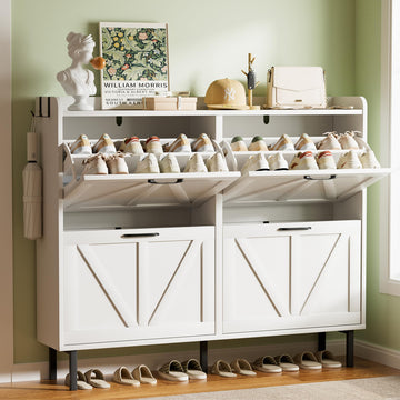 Narrow Shoe Cabinet, 4 Flip Drawers Freestanding Shoe Storage Organizer with Legs, Modern Shoe Rack & Foyer(White)