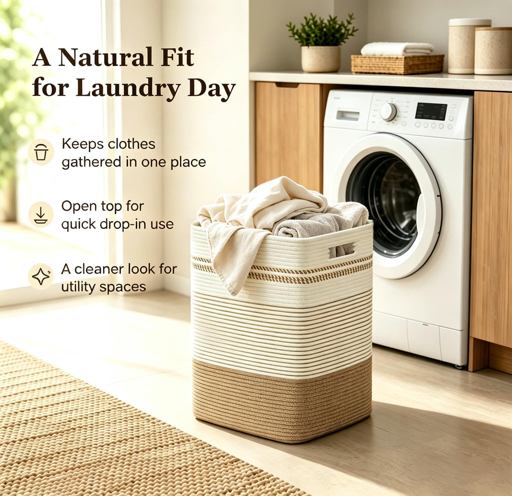 Rectangular Cotton Rope Laundry Hamper 60L Foldable Basket