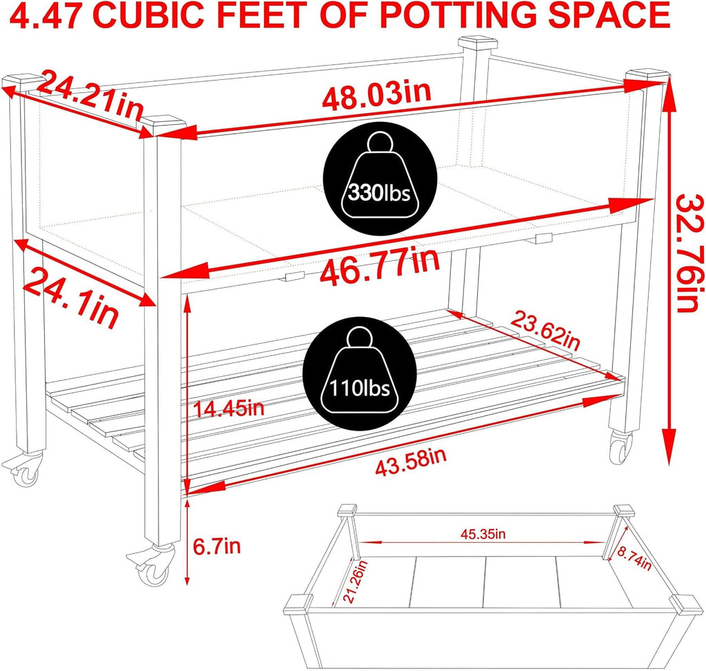 48x24x33in Cedar Raised Garden Bed, Planter Raised Beds with Lockable Wheels, Storage Shelf, Raised Garden Beds