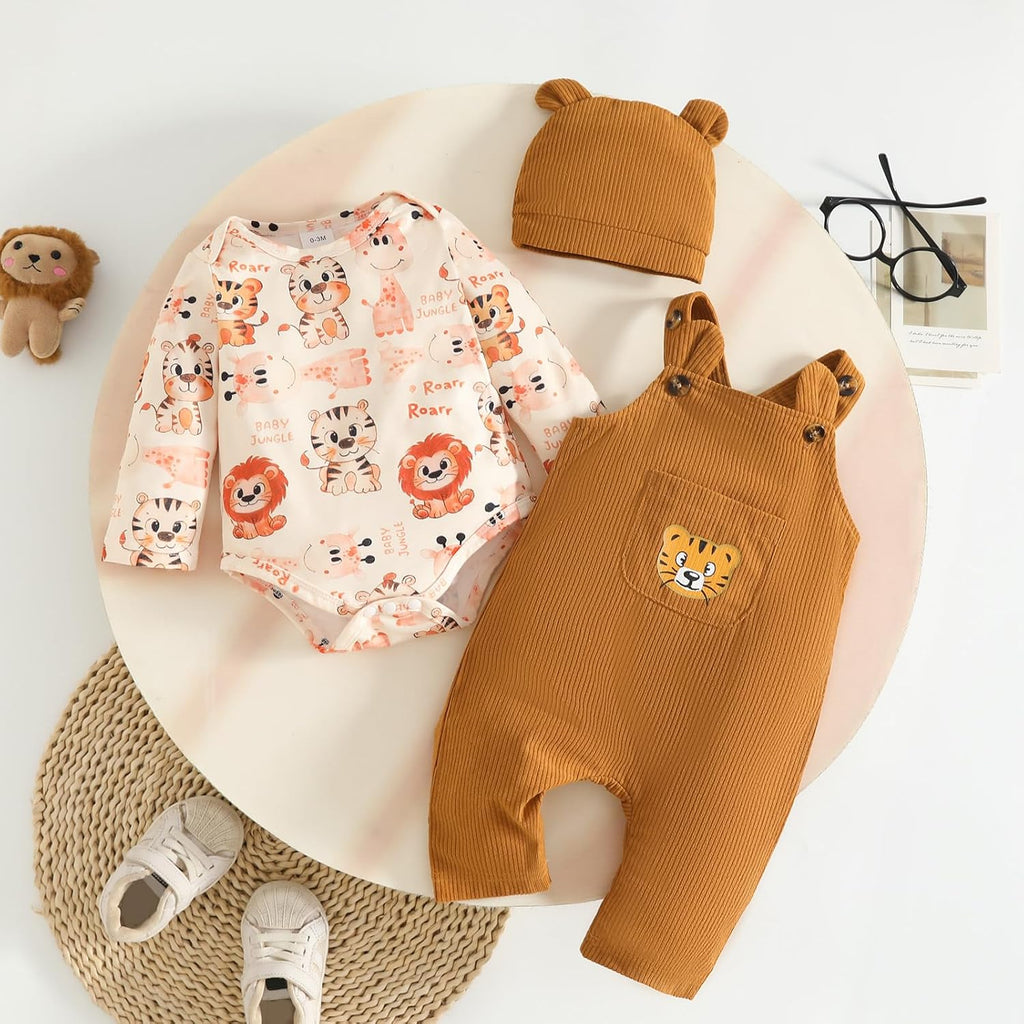 Baby Boys Piece Jungle Animal Outfit Long Sleeve Onesie + Corduroy Overalls + Bear Ear Hat Set