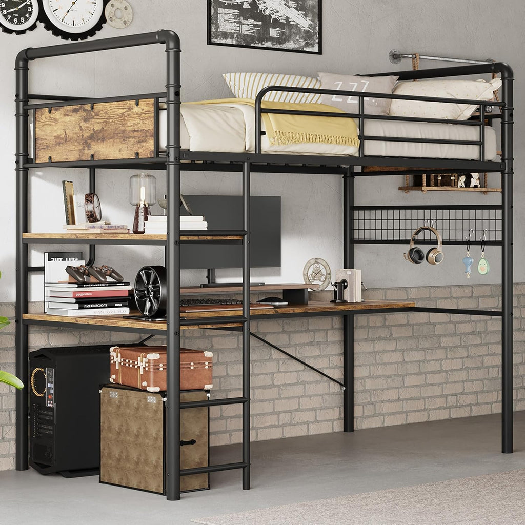 Loft Bed Twin with l-Shaped Desk, Metal Bunk Bed with 2 Open Shelves and Decorative Mesh