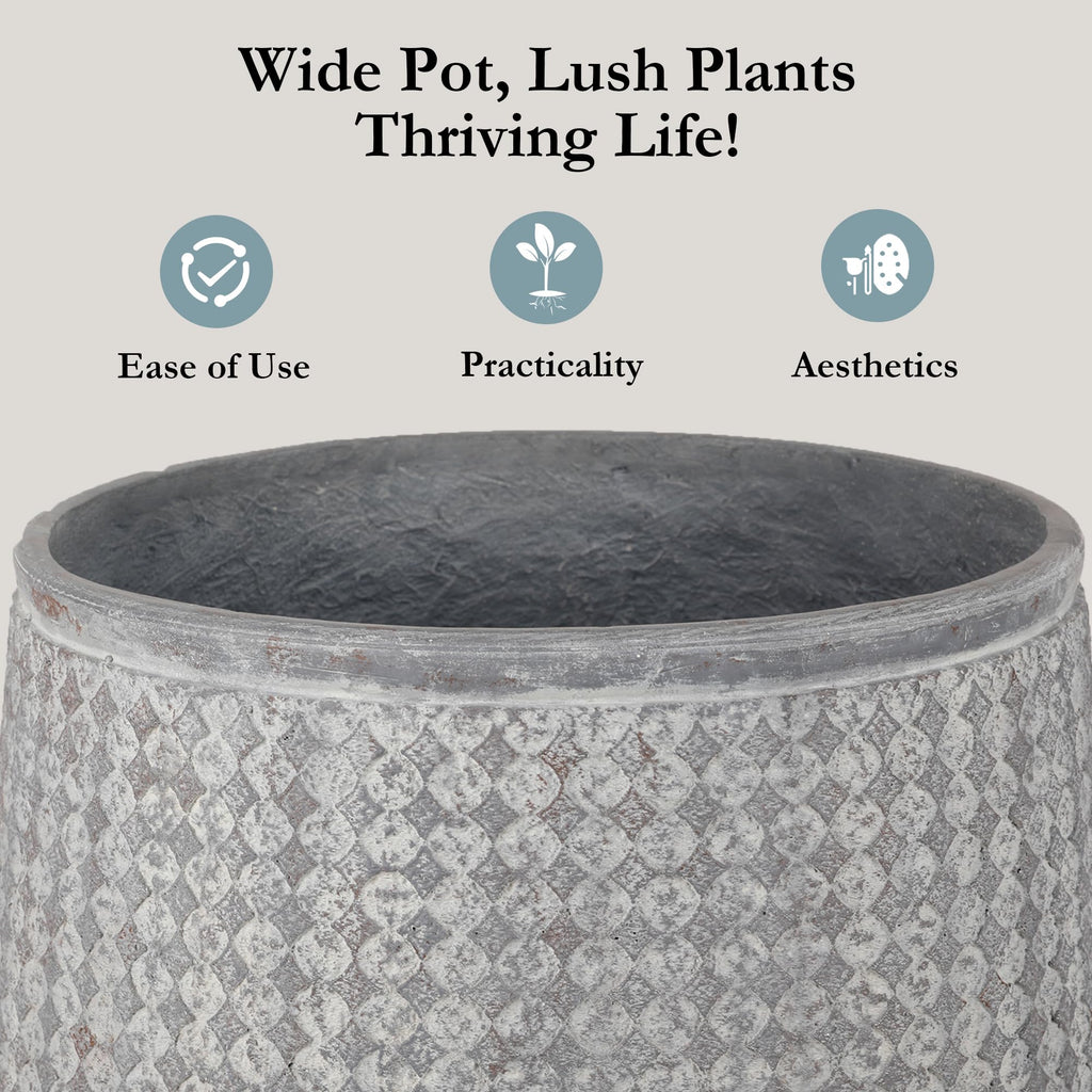 12" and 14.5" Round Planters, Lightweight Magnesium Oxide Cement Plant Pot, Raised Pattern Concrete Look with
