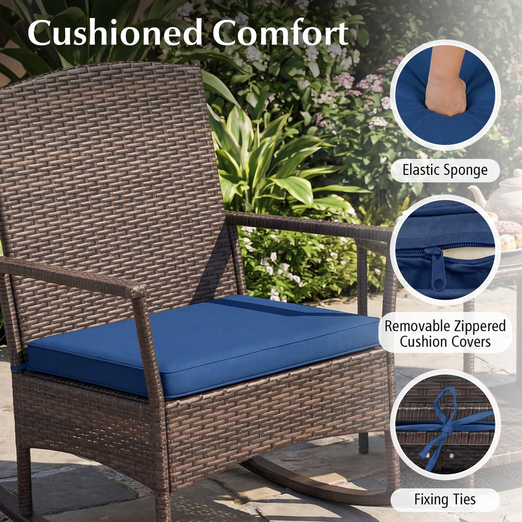 3-Piece Outdoor Bistro Set Wicker Rocking Chairs (Navy)