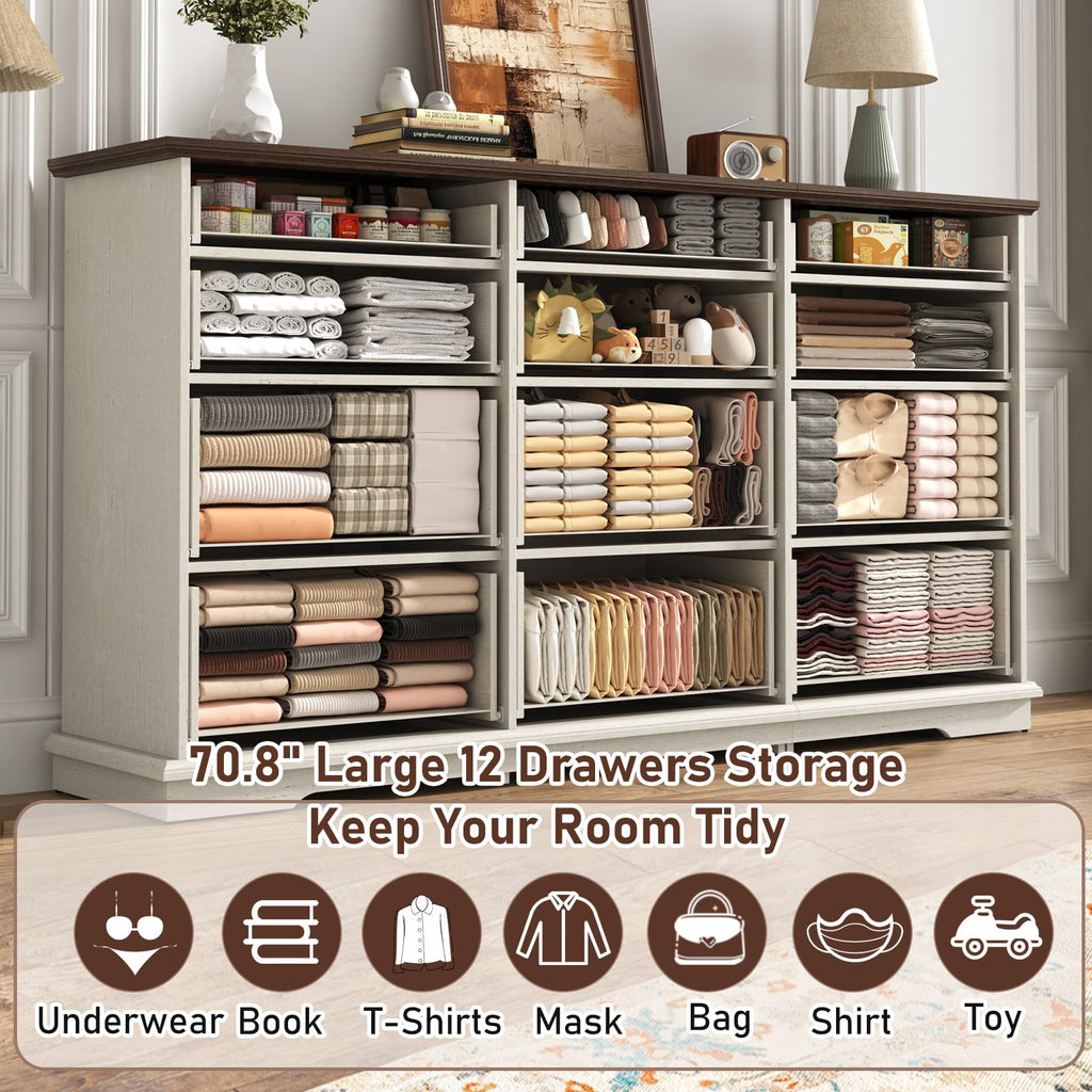 70inch Large Long w/Charging Station, 12 Drawer w/Deep Big Drawers, Wooden Chest of Drawers w/Power Outlet, White