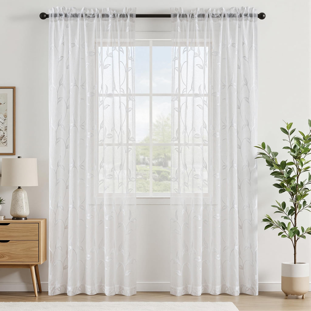 White Sheer Curtains Boho Leaf Floral Embroidered 54Wx102L