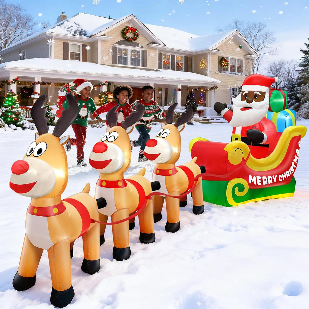 12 Ft Long Christmas Inflatable Black Santa Rides in a Sleigh Pulled by Three Reindeer with Gift Box, African