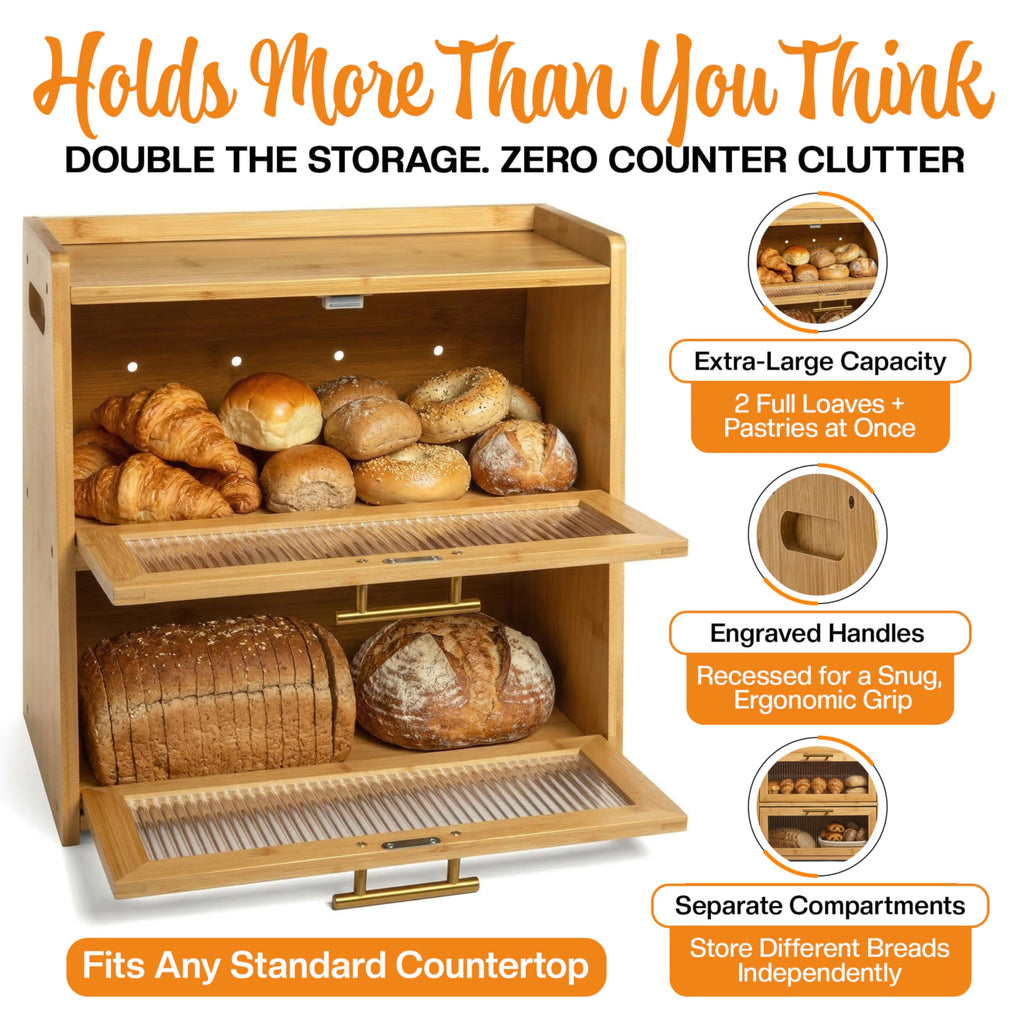 Extra Large Bamboo Countertop, Double Layer Wooden Breadbox Holds Multiple Loaves of Homemade Bread, 16.5 Inch