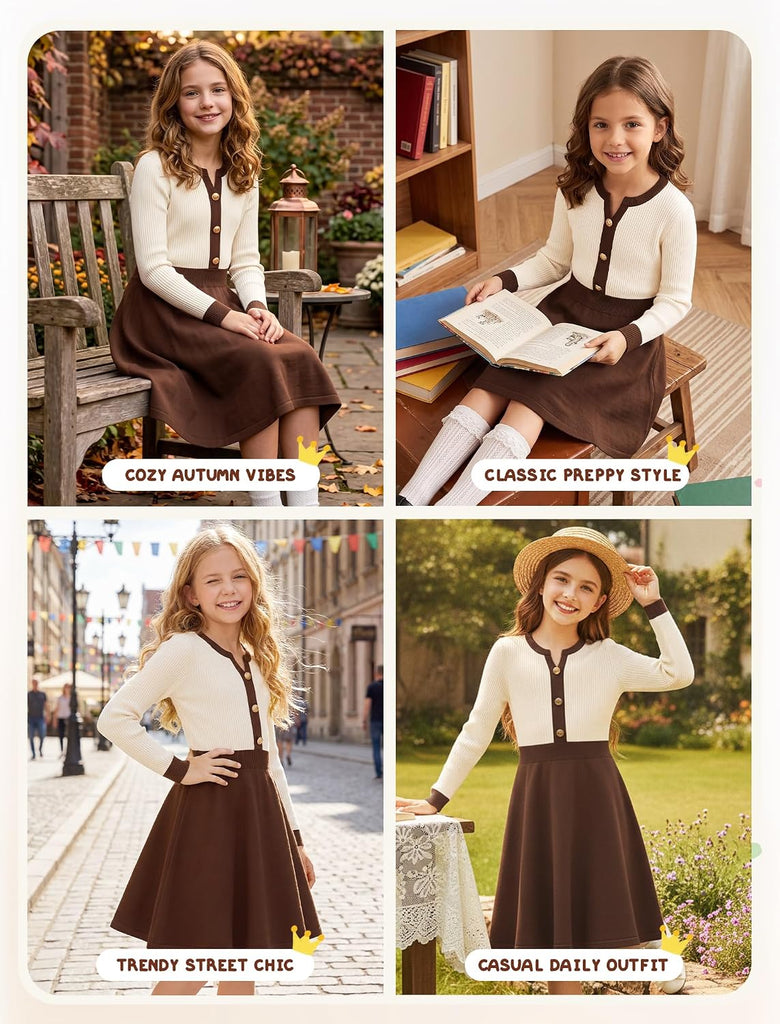 Girls Fall Sweater Dress V Neck Knit Button A Line Contrast School Casual Holiday Winter Long Sleeve Dresses