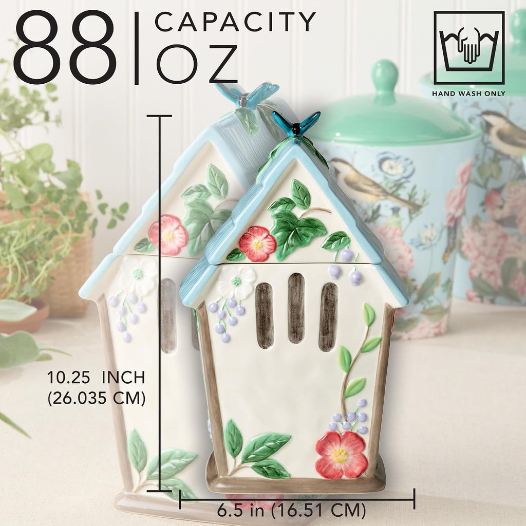 Flora 3D Birdhouse Cookie Jar - 88-Ounce Hand-Painted Ceramic Storage Jar with Floral and Butterfly Design