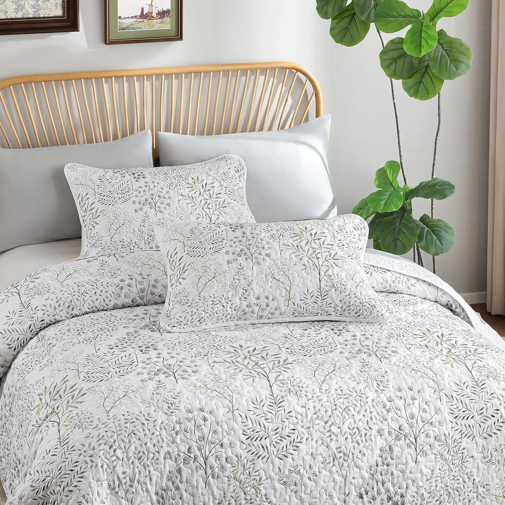 King Quilt Set, 3 Pieces White Floral Bedspread Coverlet Set, Farmhouse Botanical Bedspreads Bed Cover,Soft