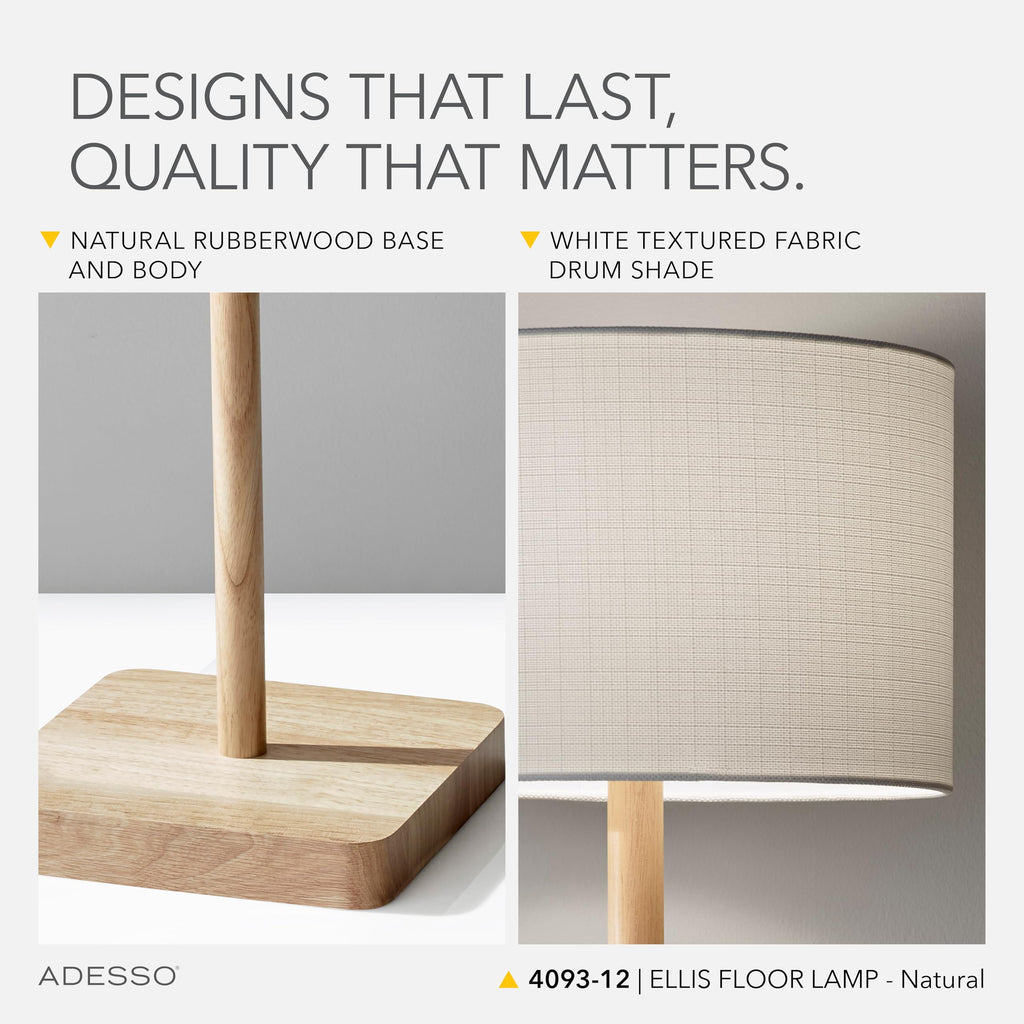 Floor Lamp, Natural Rubberwood & White Linen, 3-Way, 58.5"