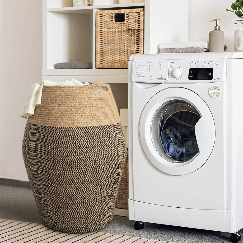 Jute Woven Rope Laundry Hamper - Collapsible Clothes Hamper and Laundry Room, 25.6" x 17.7" Tall Modern Baskets