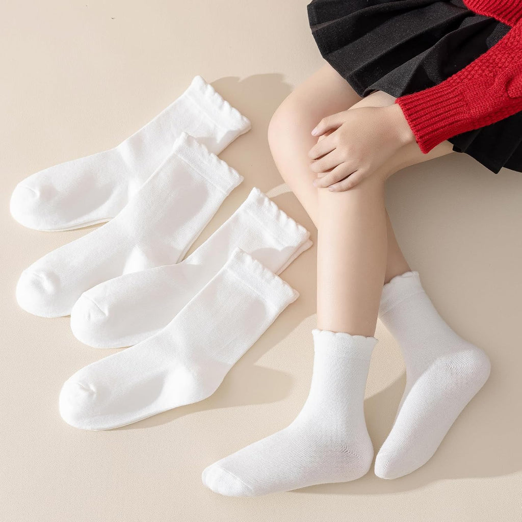 6 Pair Girls White Dressy Textured Short Socks Scallop Top Design