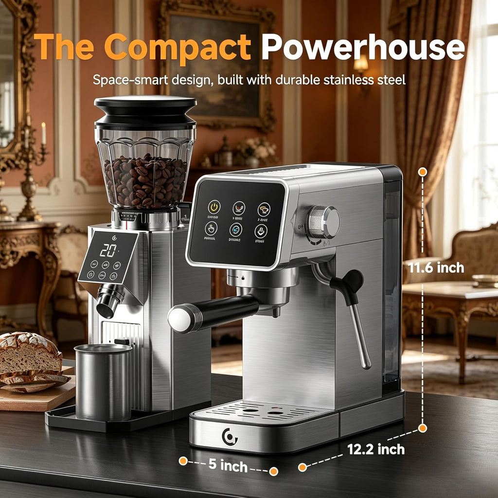 20 Bar Home Espresso Coffee Machine | LED Touchscreen, Built-in Milk Frother, Self-Cleaning Function, Makes Latte &