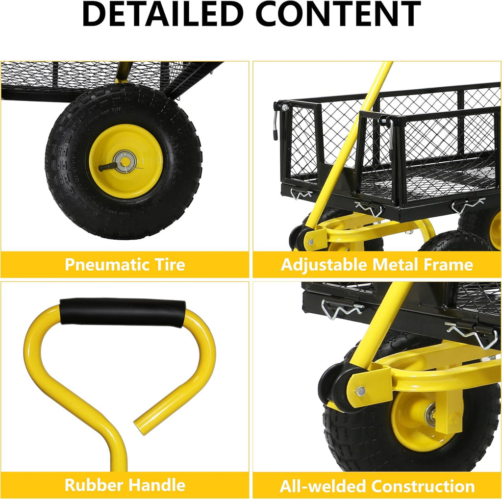 Steel Garden Cart, 2-in-1 Heavy Duty Utility Wagon 900 LBS Capacity Carts with Removable Mesh Sides to Convert into