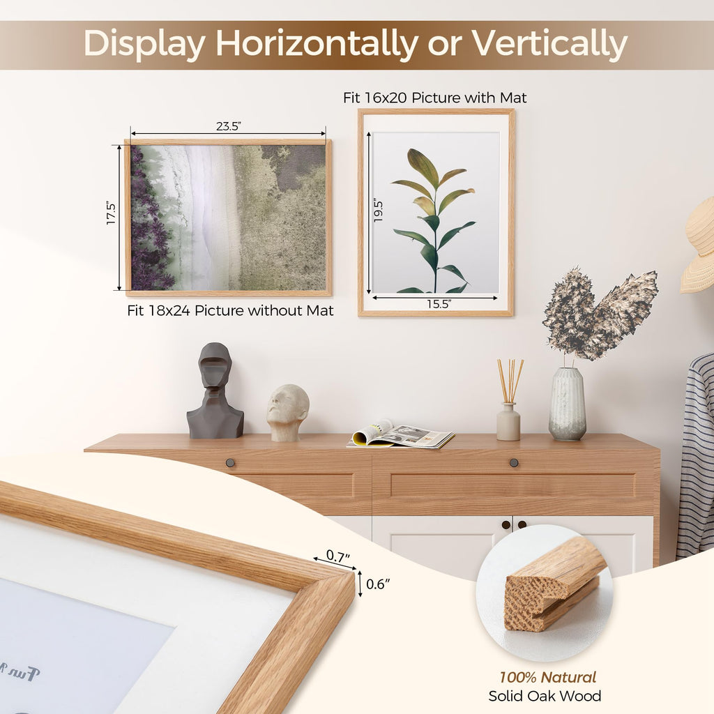 18x24 Poster Frame, Solid Oak Wood Poster Frames, Modern Photo Frame for Wall 18x24 with 16x20 Mat, High Definition