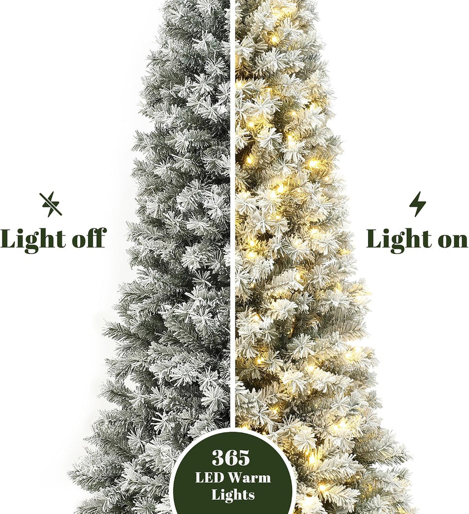 LuxenHome 7FT Prelit Flocked Slim Spruce Christmas Tree