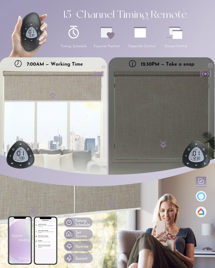 Smart Blackout Roller Shades Work with Alexa Google WiFi Hardwired Triple Weaved Fabric Motorized Blinds Remote