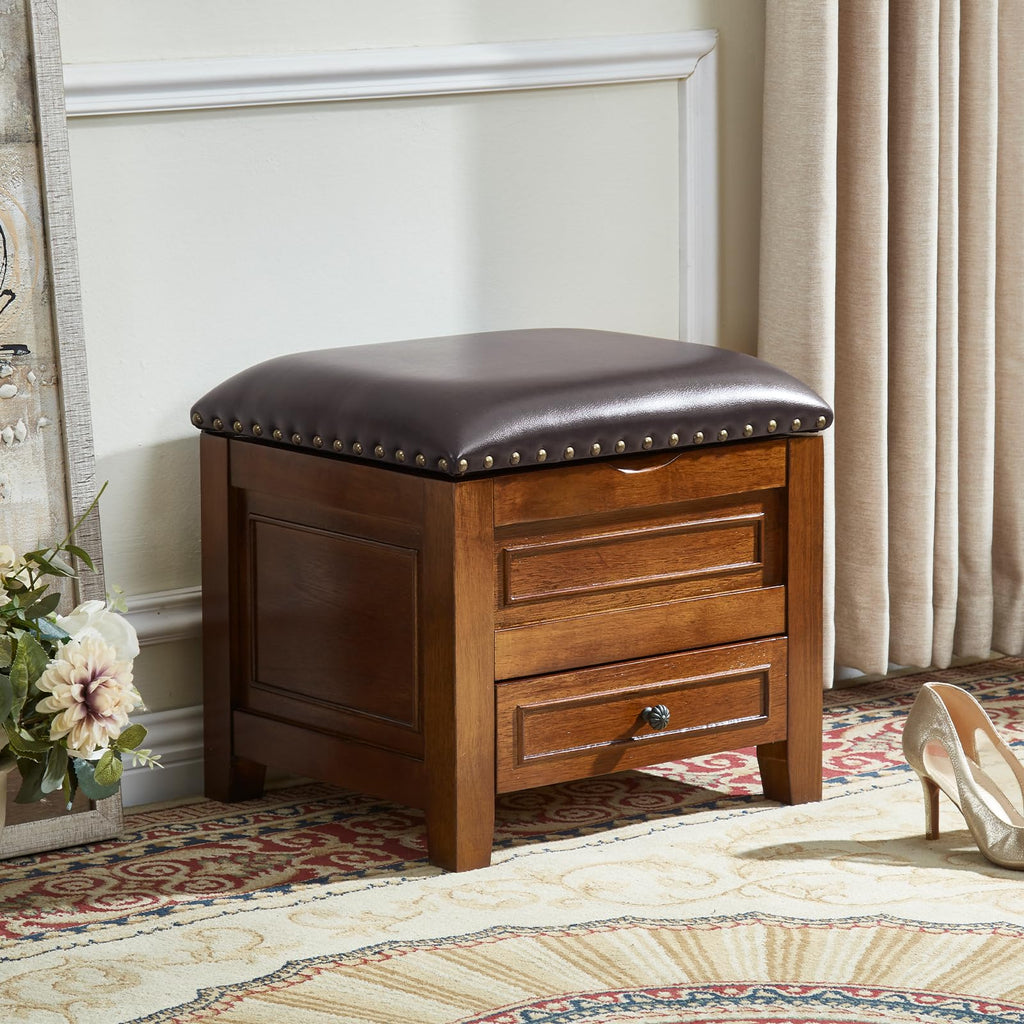 Microfiber Leather Storage Ottoman with Drawer, Small Shoe Bench