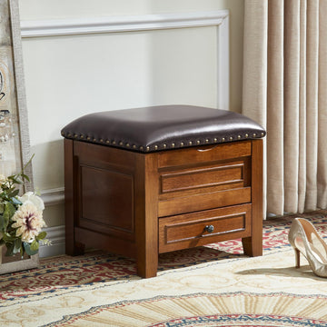 Storage Ottoman with Drawer, Microfiber Leather Padded Top Foot Rest Stool with Nailhead Trim Living Room