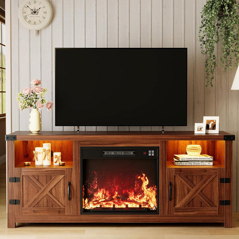LED Fireplace TV Stand for TVs up to 65+ Inches, Farmhouse Media Console with Mood Lighting, Open Shelf and Hidden Cable Management, Walnut