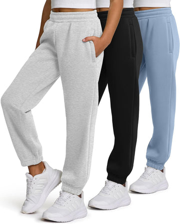 Girls Sweatpants 3 Pack Fleece Athletic Joggers, Teen Sweat Pants with Zipper Pockets and Drawstring