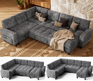 7 Seat Modular Sectional Sleeper Sofa with Pull Out Bed, Light Gray