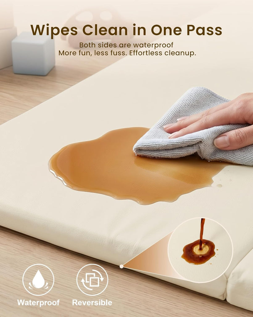 Foldable Baby Play Mat,Vegan Leather 71x59 Baby Mat for Floor,Beige