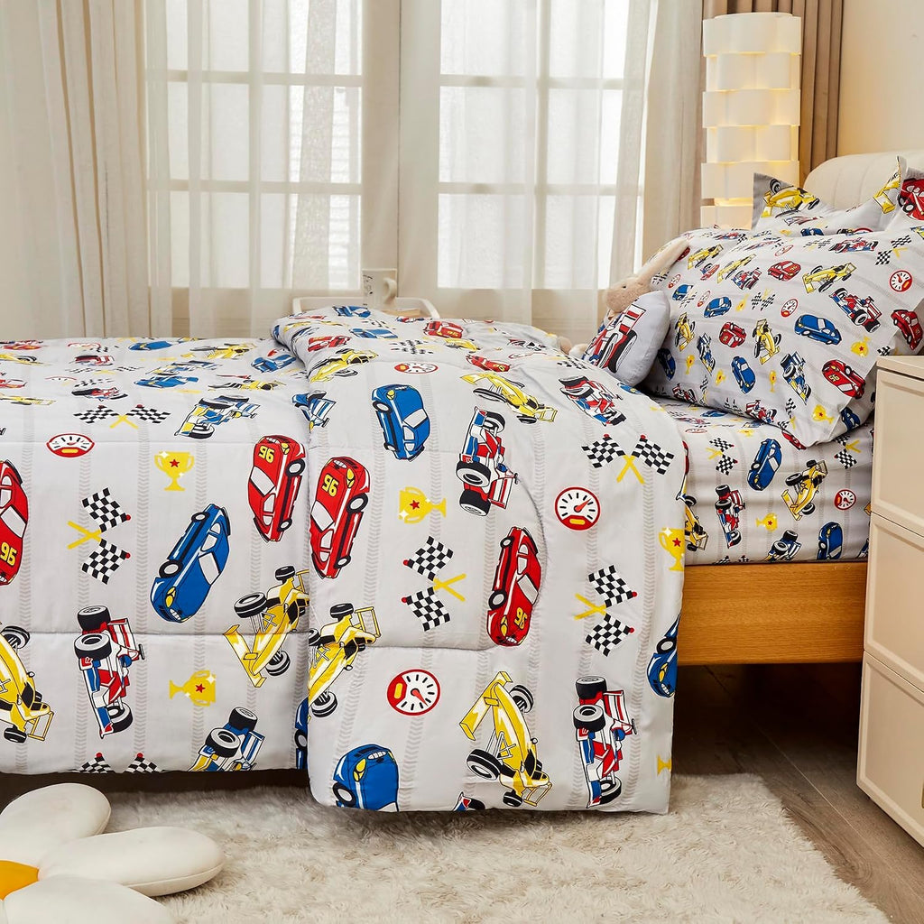 Twin Comforter Sets for Boys Kids, 6 Pieces Bed in a Bag Racing Car Bedding Comforter Sheet Set with Shams and