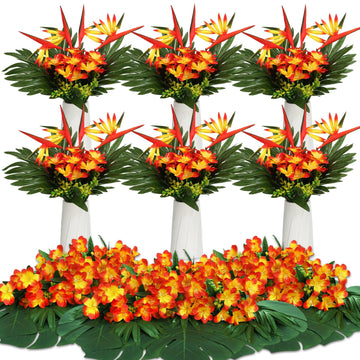12 Set/ 48 Pcs Artificial Tropical Flower Centerpiece, Sunset Red