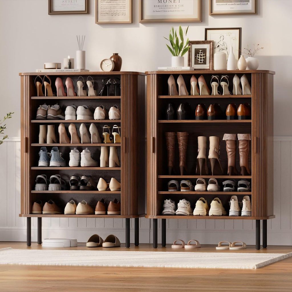 6-Tier Shoe Cabinet with Sliding Door, Wooden Shoe Storage Cabinet with Adjustable Shelves, Mid-Century Modern
