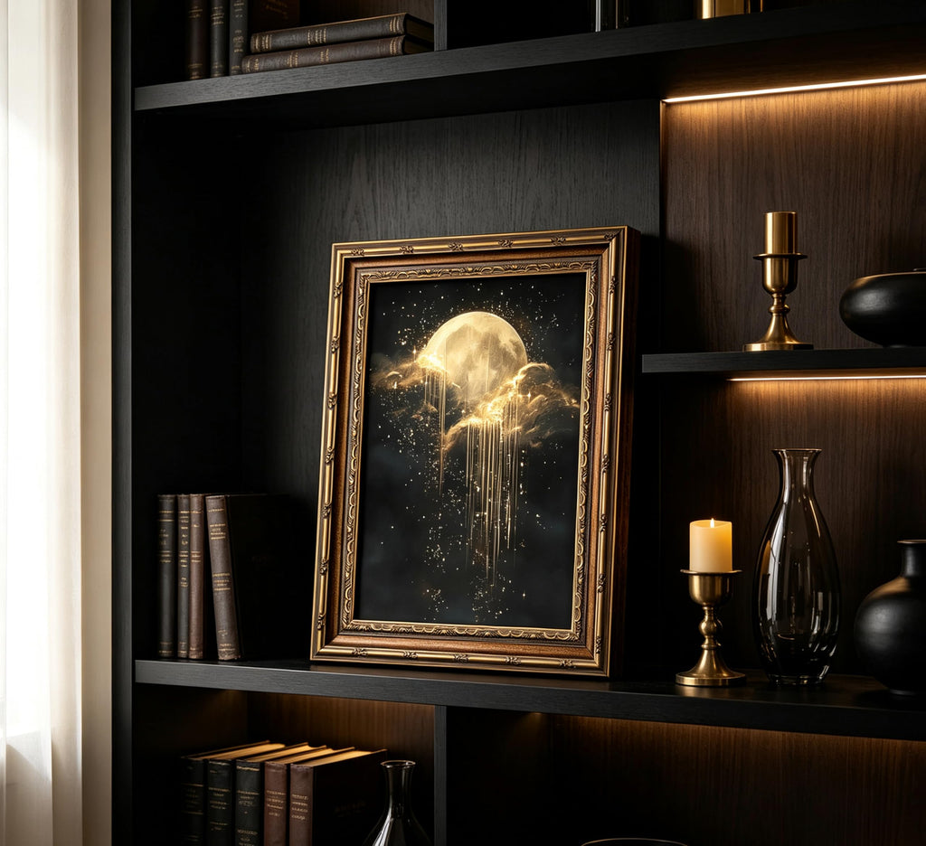Vintage Gold Framed Moon Cloud Wall Art, Dark Academia Sky Canvas Print