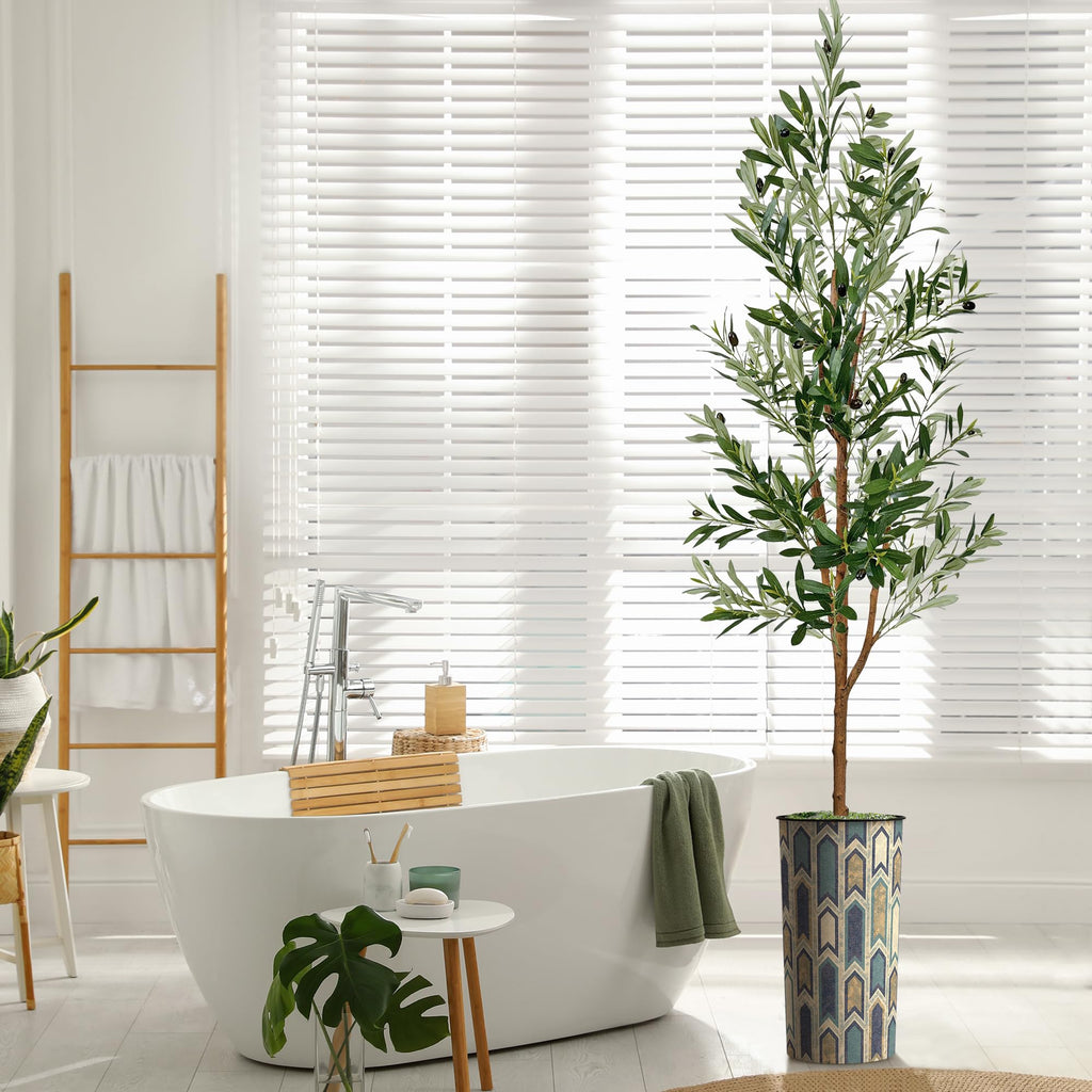 Artificial Tree in Modern Polygon Pattern Effect Planter, Fake Olive Silk Tree for Indoor and Outdoor Home Decoration