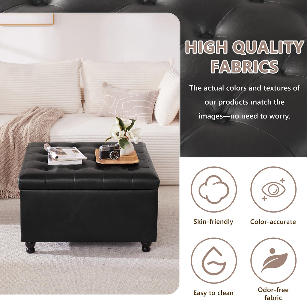 28" Large Square Ottoman with Storage, Leather Ottoman Coffee Table, Black