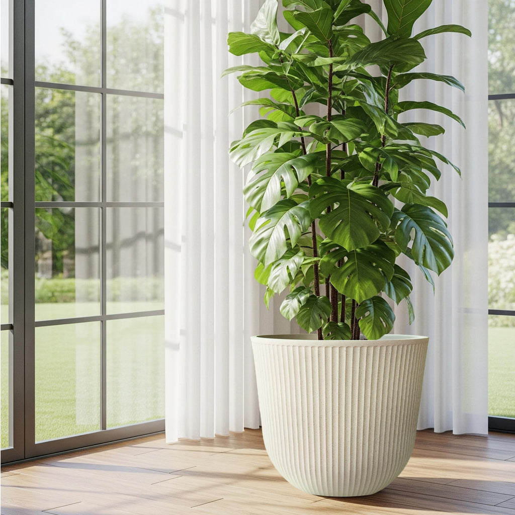 Large Outdoor Planters, Beige Plastic Round Big Plant Pots Set of 2