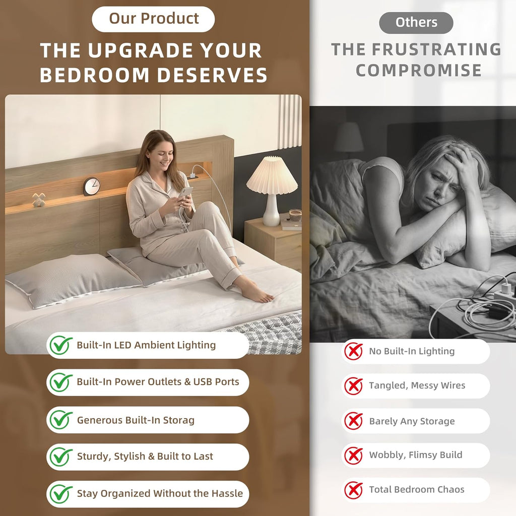 King Headboard Only Modern Sturdy Wooden Bed Backboard Wall Mounted Head Board, 3 Storage Zones, Unique Skirting