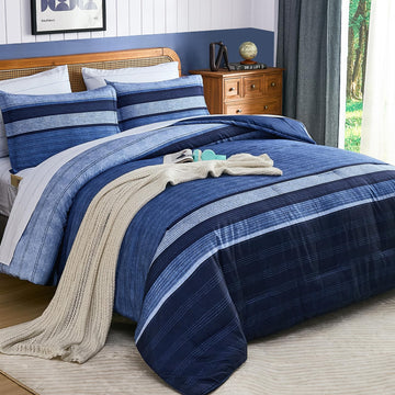 Navy Blue Comforter Set, 7 Pieces Striped Bed in a Bag