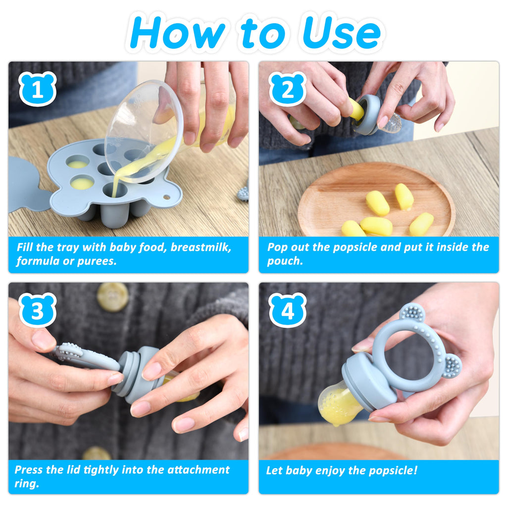 Baby Food Feeder & Freezer Tray Set, Self Feeding Teething Toy, Breast Milk Popsicle Mold, BPA Free for 3+ Months