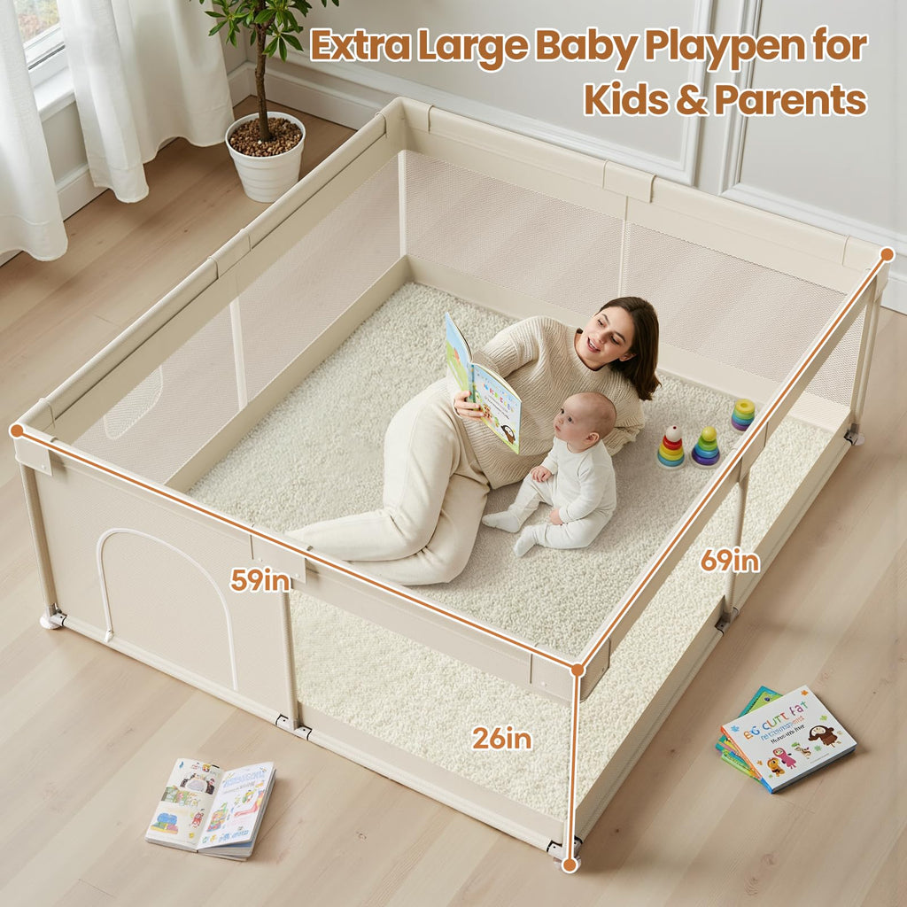 Beige Large Baby Playpen - 69x59in Playpen for Babies and Toddlers