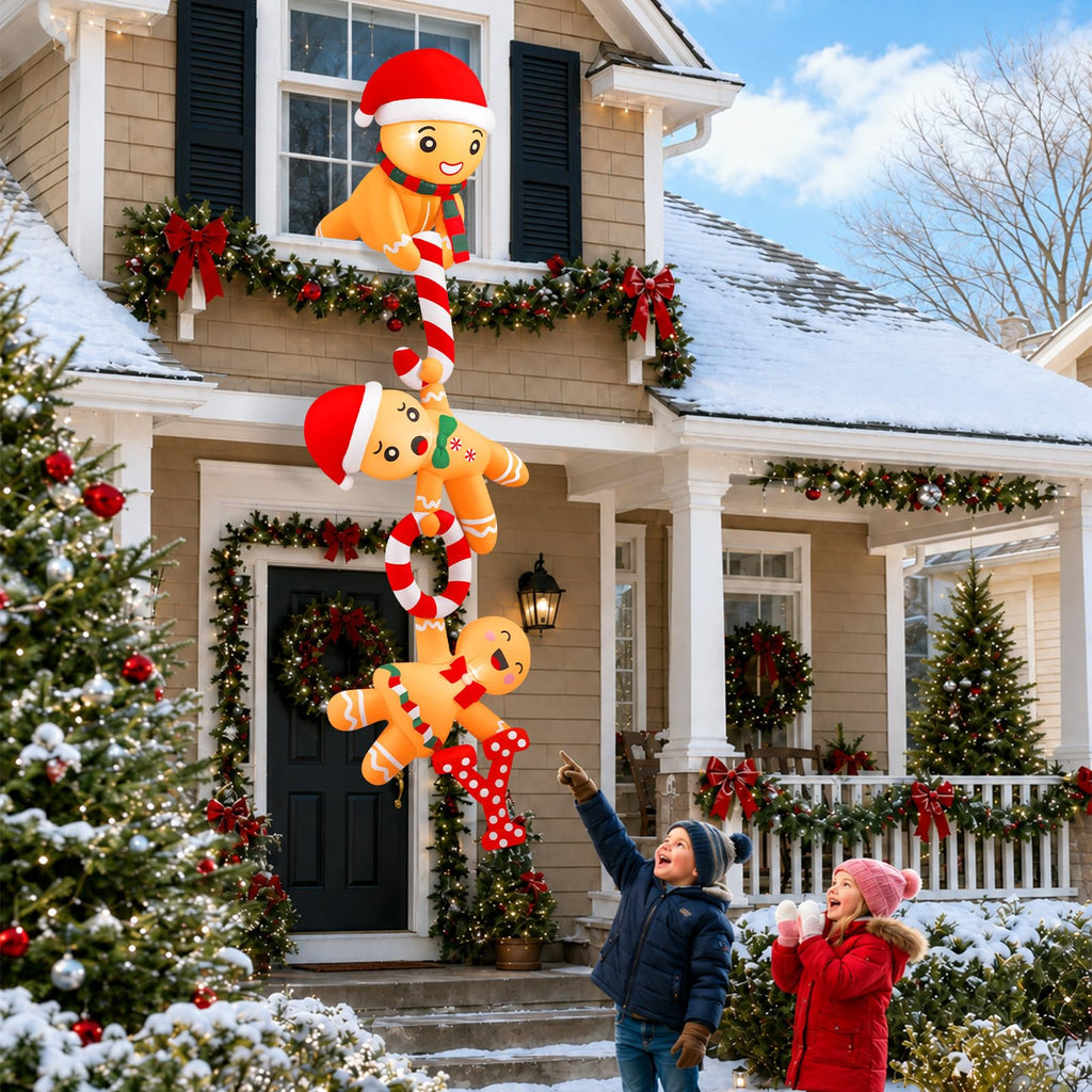 8 FT Hanging Christmas Inflatables Gingerbread, Joy Climbing Gingerbread Man Inflatable Funny Christmas Blow Ups