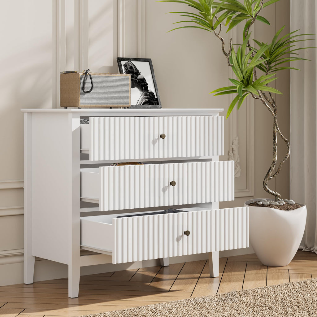Large Fluted 3 Drawer Dresser, Beige