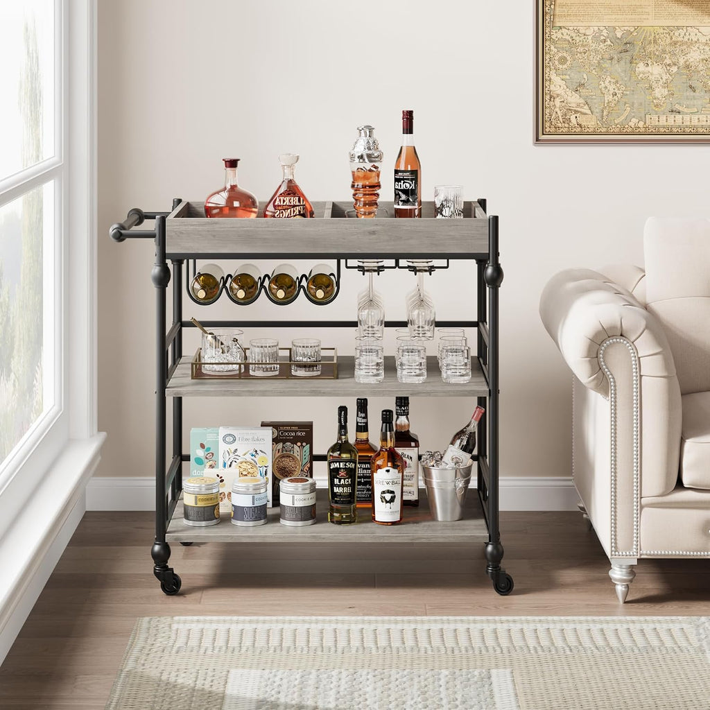 Bar Cart with Wheels, 3-Tier Serving Cart , Mobile Rolling Beverage Cart with Wine Rack and Removable Tray , Dining