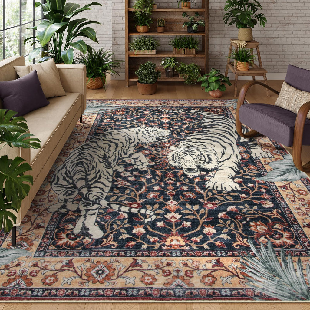Tiger Washable Area Rugs 8x10, Large Boho Rugs, Vintage Non Slip Dining Room Rugs for Under Table, Ultra Thin Soft