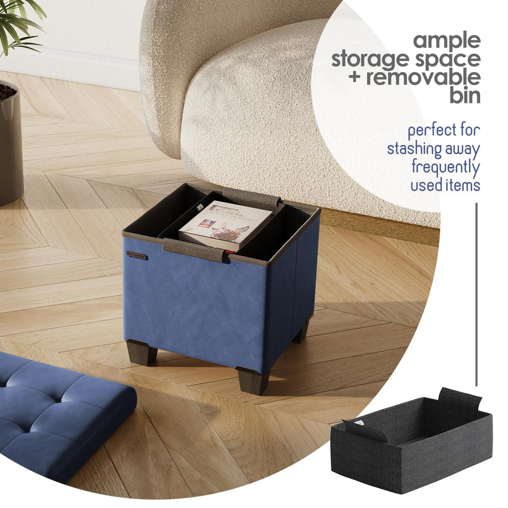 Storage Ottoman Cube with Small Bin, 15-in Square Ottoman with Storage, Small Ottomans Foot Rest, Leather Foot