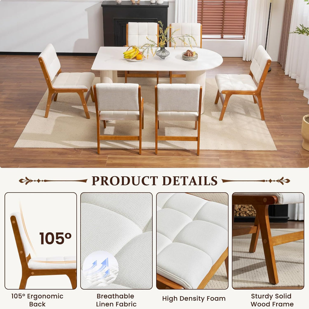 Furniliving Oak Wooden Dining Chairs Set of 2, Mid-Century Modern Linen Fabric Upholstered Kitchen Chair