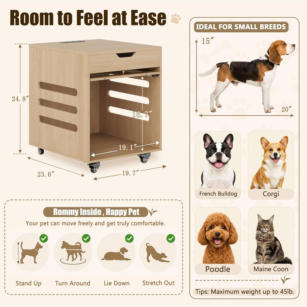 Dog Cage Furniture with Flip-Up Glass Door & Lockable Wheels -Natural Wood