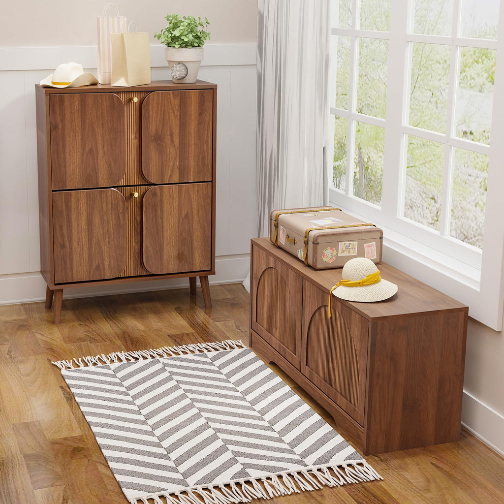 39.4" Fluted 2 Tier Shoe Storage Bench with Shelf